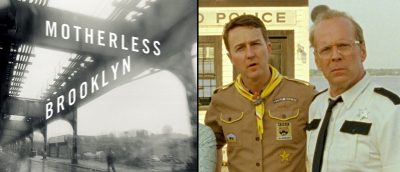 Bokomslaget til Jonathan Lethems «Motherless Brooklyn» (faksimile) og Edward Norton med Bruce Willis i «Moonrise Kingdom» (2012).