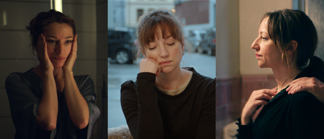 Andrea Bræin Hovig i tre av sine nylige filmroller, fra venstre: «En affære» (2018), «Lyset fra sjokoladefabrikken» (2020) og «Håp» (2019).