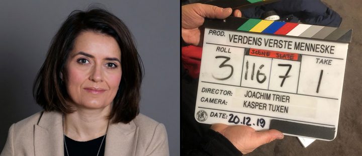 NFI-direktør Kjersti Mo og klapperen fra første innspillingsdag på «Verdens verste menneske» (Foto: NFI / Thomas Robsahm)