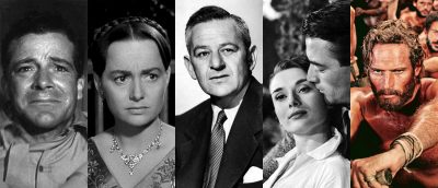Regissør William Wyler (i midten) og bilder fra fire av hans filmer (fra venstre): «The Best Years of Our Lives» (1946), «The Heiress» (1949), «Roman Holiday» (1953) og «Ben Hur» (1959).