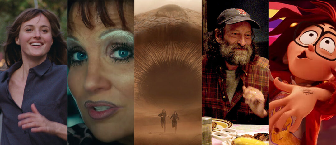Oscar-nominerte filmer, fra venstre: «Verdens verste menneske», «The Eyes of Tammy Faye», «Dune», «CODA» og «The Mitchells Vs. The Machines».