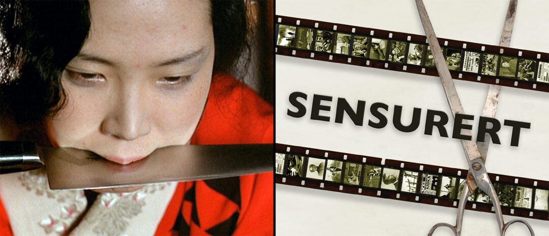 Fra venstre: Et bilde fra Nagisa Ōshimas «Sansenes rike», som var den siste kinofilmen som ble totalforbudt i Norge, og bokomslaget til Vegard Higraffs «Sensurert» (2017).