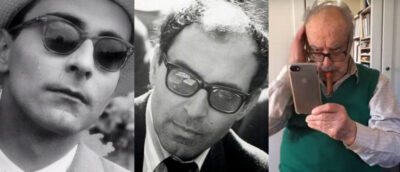 Jean-Luc Godard, fra venstre: i en liten rolle i Agnès Vardas «Cléo à 5 de 7», portrett fra 1968 (Foto: Wikimedia Commons) og i skjermbilde fra ECALs Instagram Live-masterclass i 2020.