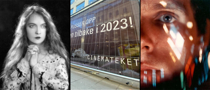 Fra venstre: Lillian Gish i «The Wind» (1928), utenfor Cinemateket i Oslo, og «2001: en romodyssé». 