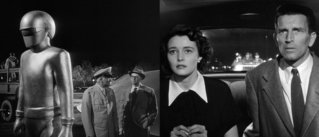 Roboten Gort (til venstre) og Helen og Klaatu (til høyre) fra «The Day the Earth Stood Still» (1951).