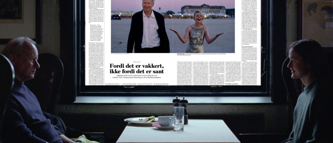 Faksimile fra Morgenbladet (29.08.25) og bilder fra «Affeksjonsverdi» (Mer film / Eye Eye Pictures). (Bildemontasje: Montages.)
