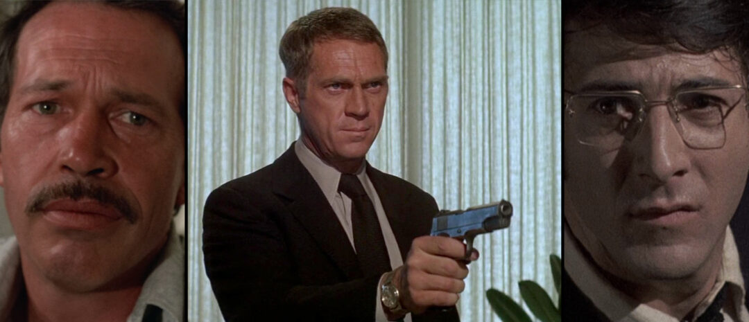 Tre sentrale Sam Peckinpah-filmer, fra venstre: «Bring Me the Head of Alfredo Garcia», «The Getaway» og «Straw Dogs».