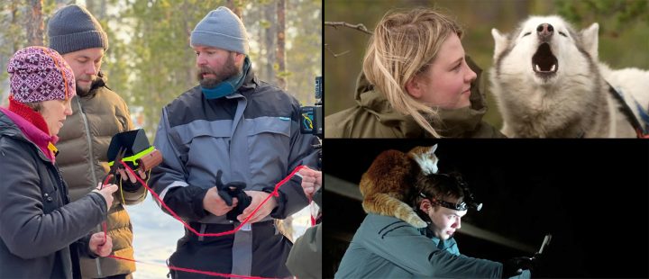 Fra venstre: Fotografene Tor Edvin Eliassen og Lars Erlend Tubaas Øymo i arbeid med regissør Heidi Ewing på «Folktales», og to motiver fra filmen. (Bilder: Rachel Grady / Magnolia Pictures / Fuglene) 
