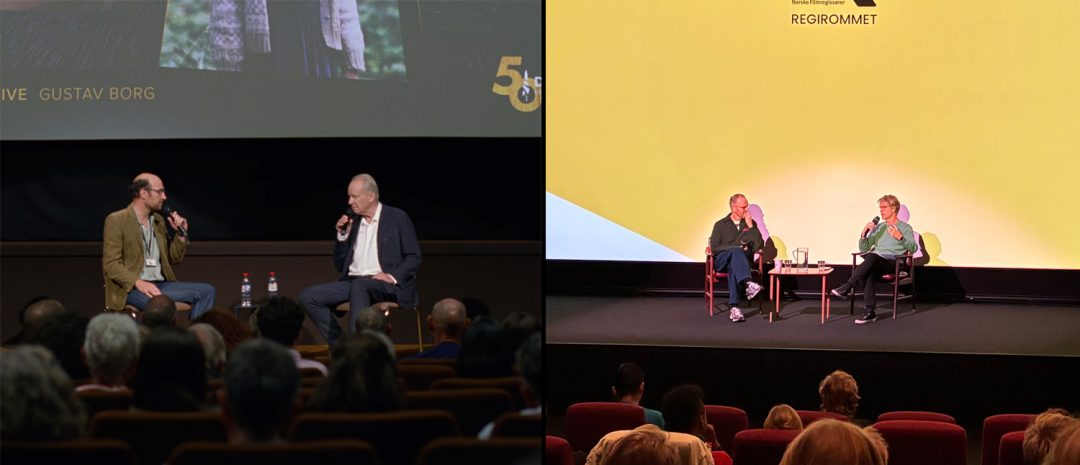 Fra venstre: Gustav Borg (Stellan Skårsgård) i «Affeksjonsverdi» (Bilde: Mer film / Eye Eye Pictures) og Joachim Trier i Regirommet-samtale med Arild Andresen (Bilde: Jannicke Systad Jacobsen)