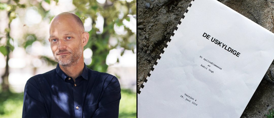 Fra venstre: Eskil Vogt (Foto: Christian Breidlid) og utsnitt av omslaget til bokutgivelsen av Vogts manus til «De uskyldige» (Tiden forlag).